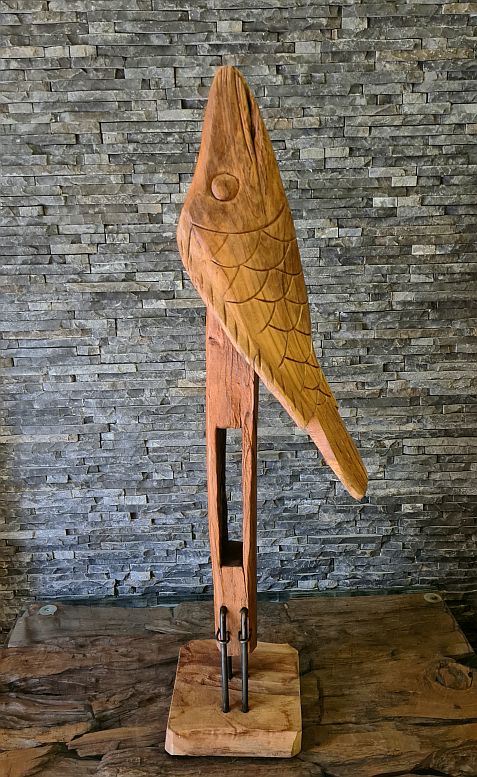Fischskulptur Holzkunst Holzskulptur Holzobjekt Teakholz Treibholz Aufsteller Schwemmholz Holzfigure Holzdeko Treibholzdeko Kunst Statue Indonesien