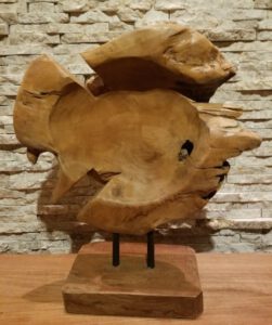 Teakholzskulptur Holzkunst Holzkunst Fisch Teakholz Wurzel Deko Statue Aufsteller Ho.2053