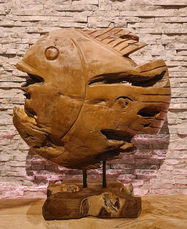 Teakholzskulptur Holzobjekt Holzkunst Fisch Teakholz Wurzel Deko Kunst Statue Aufsteller klar lackiert Ho.2142.