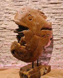 Teakholzskulptur Holzobjekt Holzkunst Fisch Teakholz Wurzel Deko Kunst Statue Aufsteller klar lackiert Ho.2142.