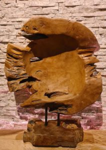 Teakholzskulptur Holzobjekt Holzkunst Fisch Teakholz Wurzel Deko Kunst Statue Aufsteller klar lackiert Ho.2142.