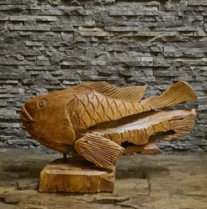 Holzobjekt Teakholzskulptur Holzfisch Wurzeldeko